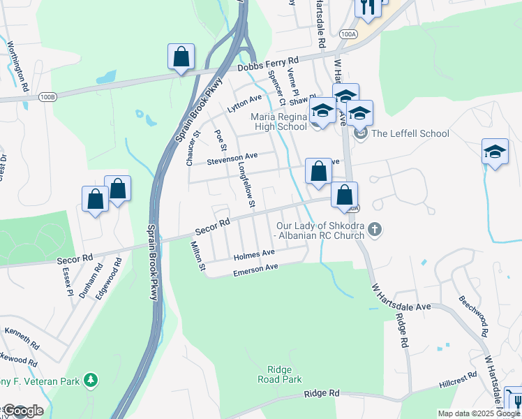 map of restaurants, bars, coffee shops, grocery stores, and more near 16 Longfellow Street in Hartsdale