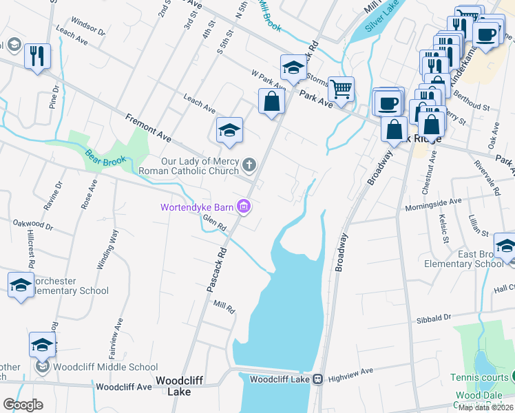 map of restaurants, bars, coffee shops, grocery stores, and more near 29 Pascack Road in Park Ridge