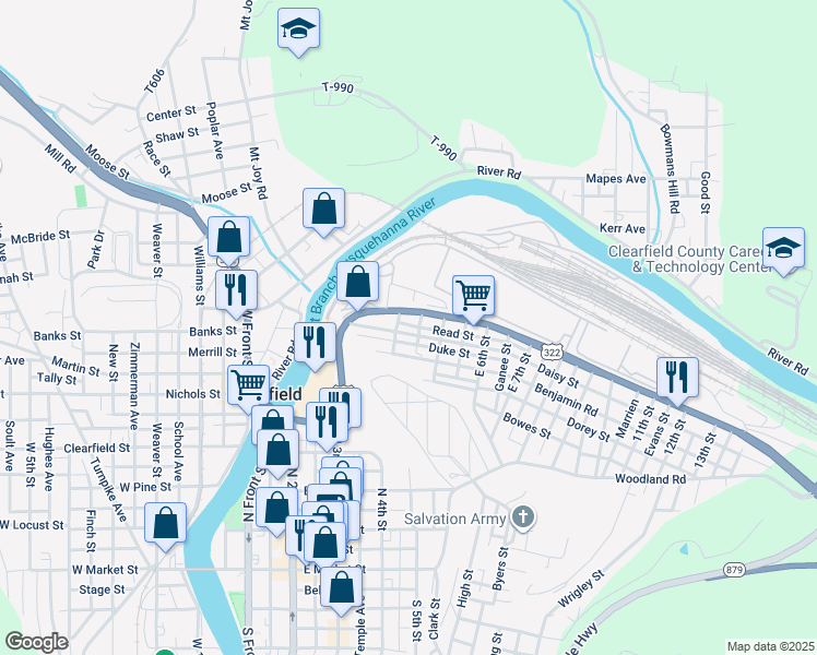 map of restaurants, bars, coffee shops, grocery stores, and more near 404 Daisy Street in Clearfield