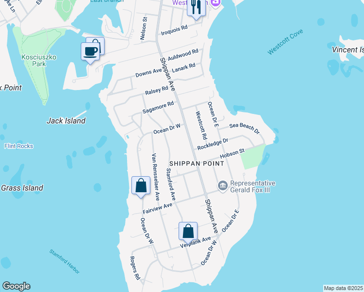 map of restaurants, bars, coffee shops, grocery stores, and more near 1695 Shippan Avenue in Stamford