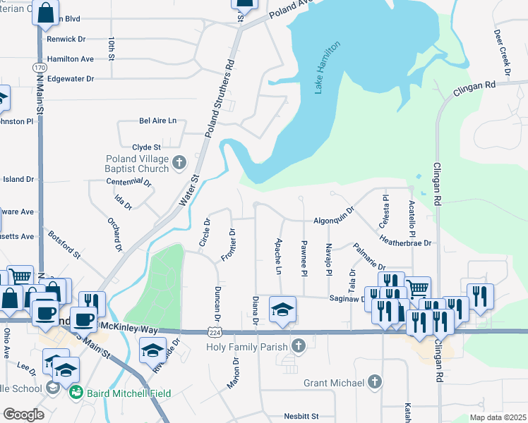 map of restaurants, bars, coffee shops, grocery stores, and more near 2619 Algonquin Drive in Youngstown