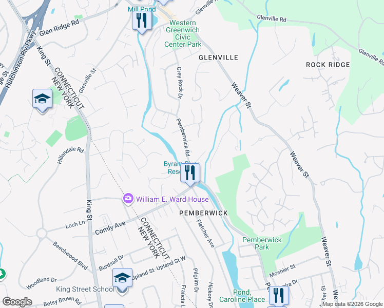 map of restaurants, bars, coffee shops, grocery stores, and more near 227 Pemberwick Road in Greenwich