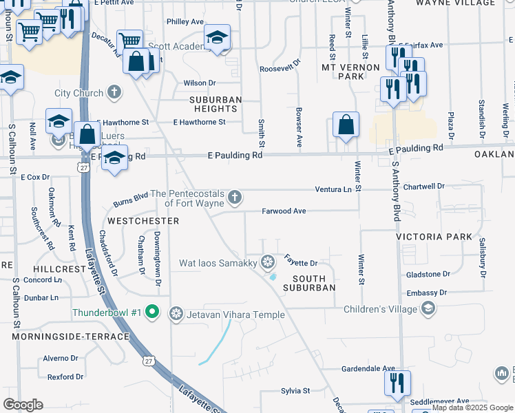 map of restaurants, bars, coffee shops, grocery stores, and more near 1023 Farwood Avenue in Fort Wayne
