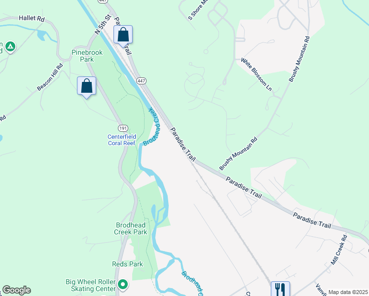 map of restaurants, bars, coffee shops, grocery stores, and more near 1860 Paradise Trail in East Stroudsburg