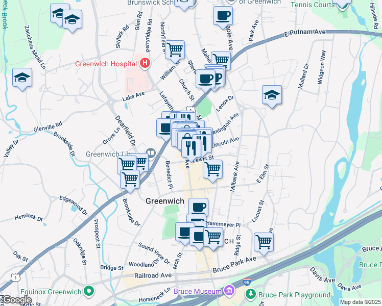 map of restaurants, bars, coffee shops, grocery stores, and more near 99 Greenwich Avenue in Greenwich
