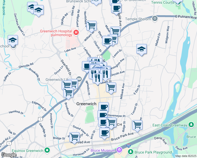 map of restaurants, bars, coffee shops, grocery stores, and more near 99 Greenwich Avenue in Greenwich