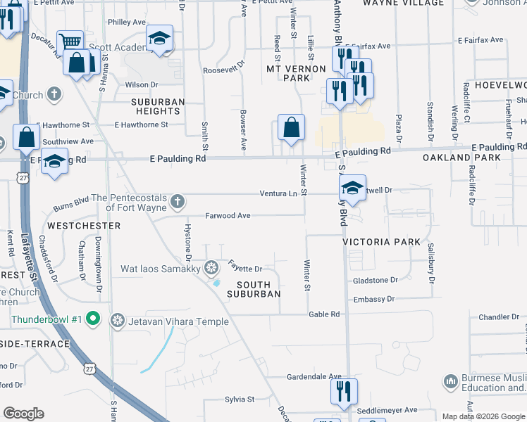 map of restaurants, bars, coffee shops, grocery stores, and more near 1325 Farwood Avenue in Fort Wayne