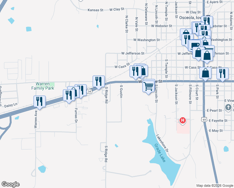 map of restaurants, bars, coffee shops, grocery stores, and more near 420 South Gustin in Osceola