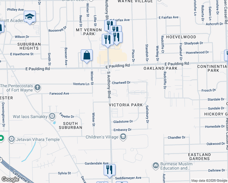 map of restaurants, bars, coffee shops, grocery stores, and more near 6001 South Anthony Boulevard in Fort Wayne