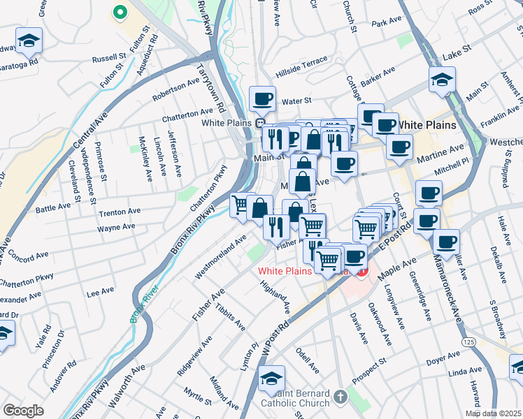 map of restaurants, bars, coffee shops, grocery stores, and more near 55 Bank Street in White Plains