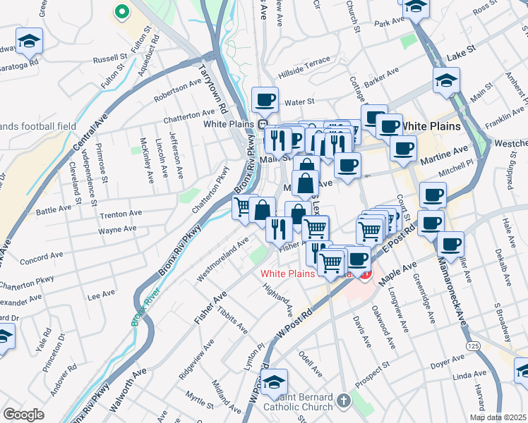 map of restaurants, bars, coffee shops, grocery stores, and more near 55 Bank Street in White Plains