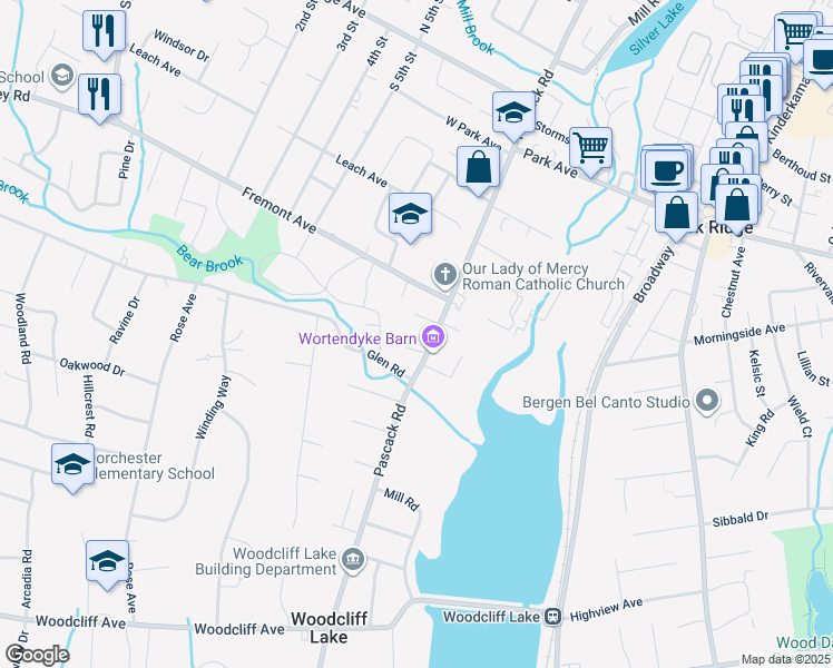 map of restaurants, bars, coffee shops, grocery stores, and more near 22 Pascack Road in Park Ridge