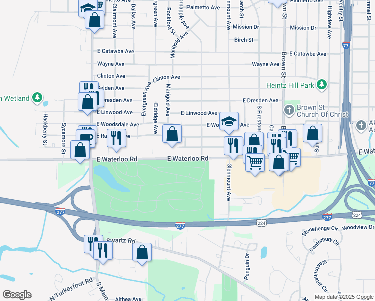 map of restaurants, bars, coffee shops, grocery stores, and more near 228 East Boxwood Avenue in Akron