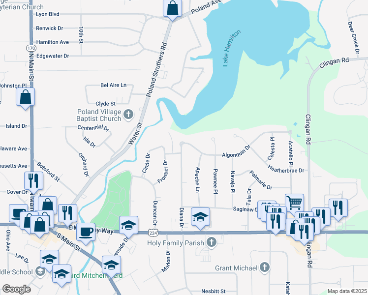 map of restaurants, bars, coffee shops, grocery stores, and more near 2619 Algonquin Drive in Youngstown