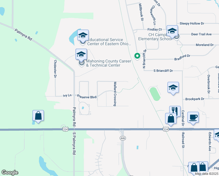map of restaurants, bars, coffee shops, grocery stores, and more near 160 Preserve Boulevard in Canfield