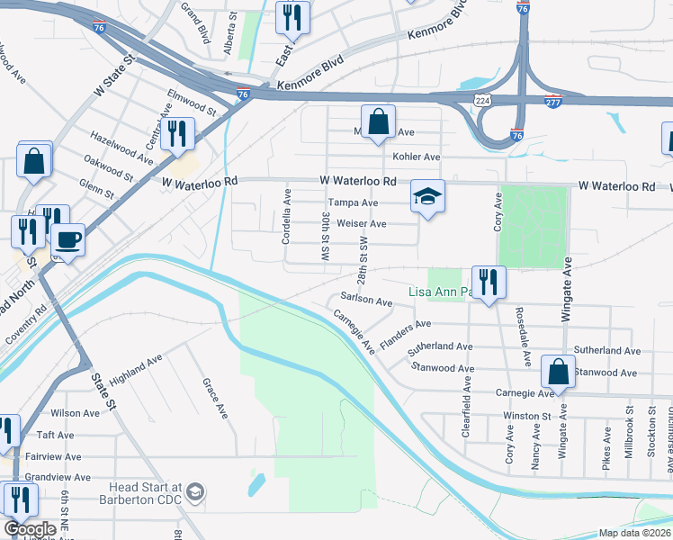 map of restaurants, bars, coffee shops, grocery stores, and more near 1268 Sevilla Avenue in Akron
