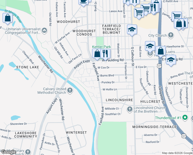 map of restaurants, bars, coffee shops, grocery stores, and more near 6014 Fairfield Avenue in Fort Wayne