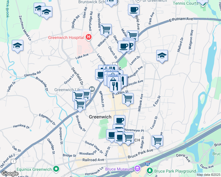 map of restaurants, bars, coffee shops, grocery stores, and more near 99 Greenwich Avenue in Greenwich