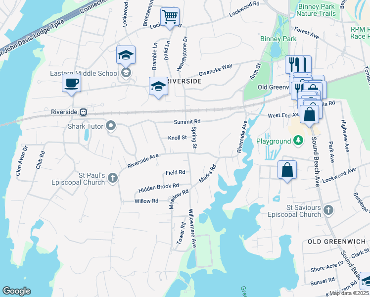 map of restaurants, bars, coffee shops, grocery stores, and more near 2 Spring Street in Greenwich