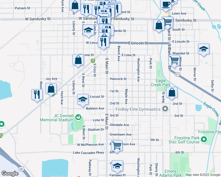 map of restaurants, bars, coffee shops, grocery stores, and more near 916 South Main Street in Findlay