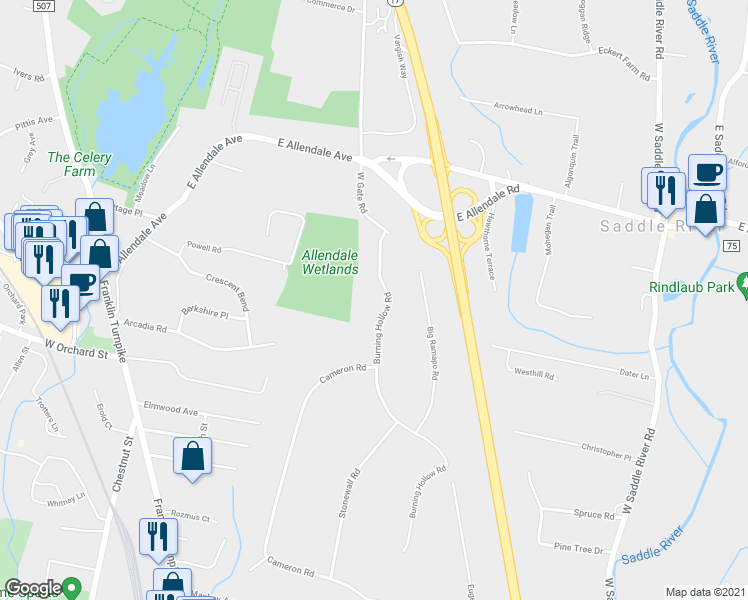 map of restaurants, bars, coffee shops, grocery stores, and more near 7 Burning Hollow Road in Saddle River