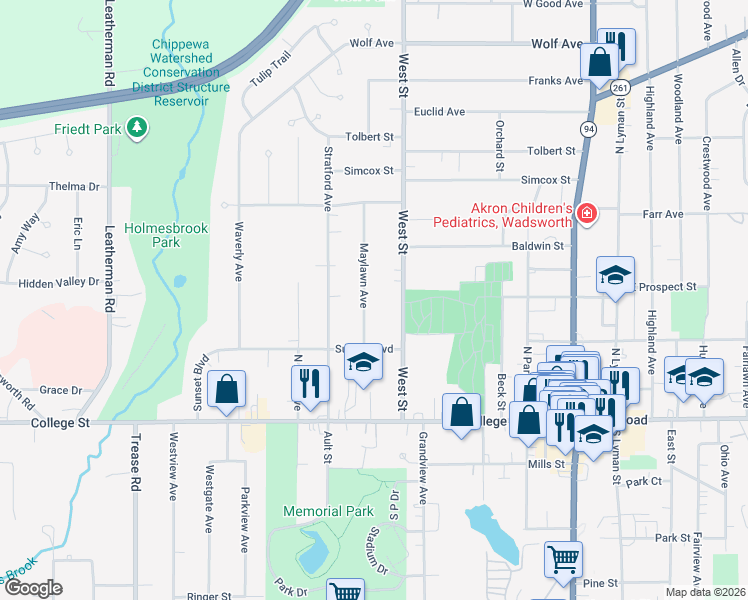 map of restaurants, bars, coffee shops, grocery stores, and more near 235 Maylawn Avenue in Wadsworth