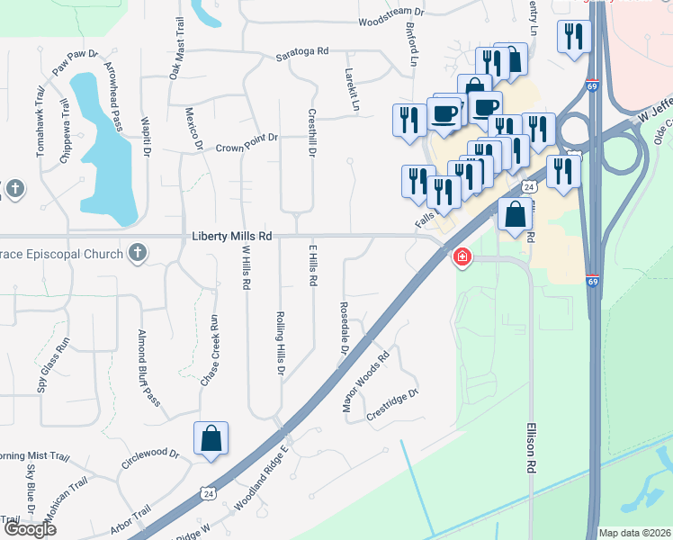 map of restaurants, bars, coffee shops, grocery stores, and more near 5914 Rosedale Dr in Fort Wayne