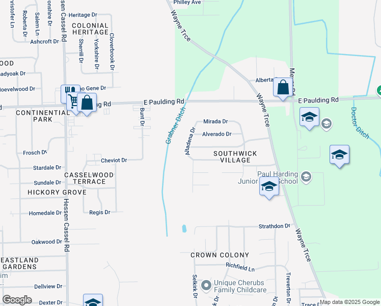 map of restaurants, bars, coffee shops, grocery stores, and more near 6119 Altadena Drive in Fort Wayne