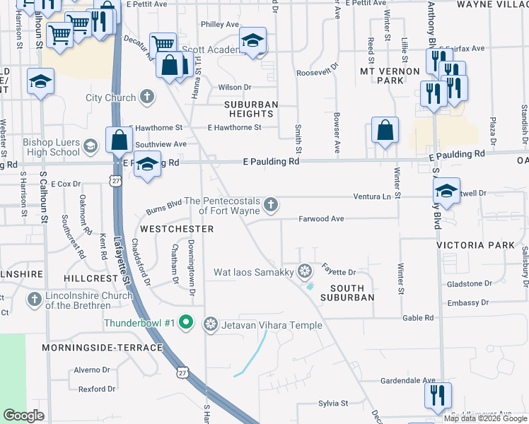 map of restaurants, bars, coffee shops, grocery stores, and more near 921 Farwood Avenue in Fort Wayne