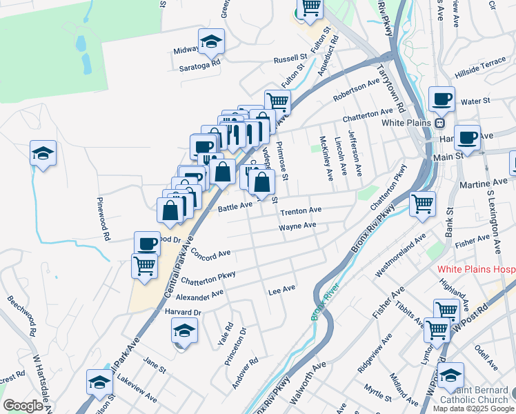 map of restaurants, bars, coffee shops, grocery stores, and more near 254 Battle Avenue in White Plains