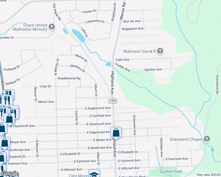 map of restaurants, bars, coffee shops, grocery stores, and more near 2712 Old Plank Road in New Castle