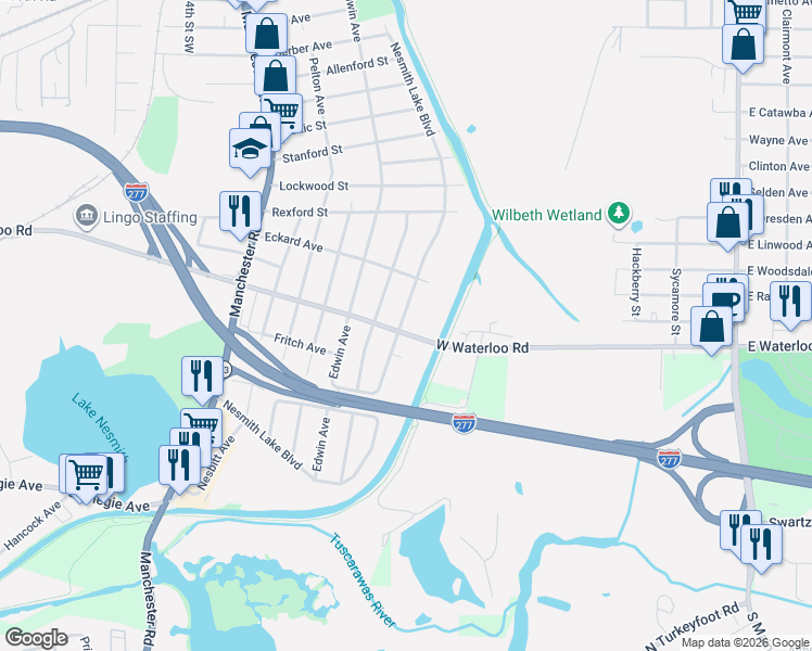 map of restaurants, bars, coffee shops, grocery stores, and more near 2559 Nesmith Lake Blvd in Akron