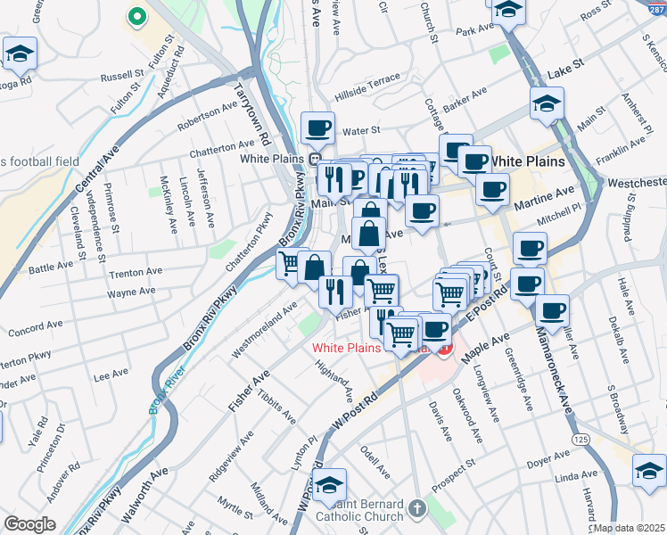 map of restaurants, bars, coffee shops, grocery stores, and more near 55 Bank Street in White Plains
