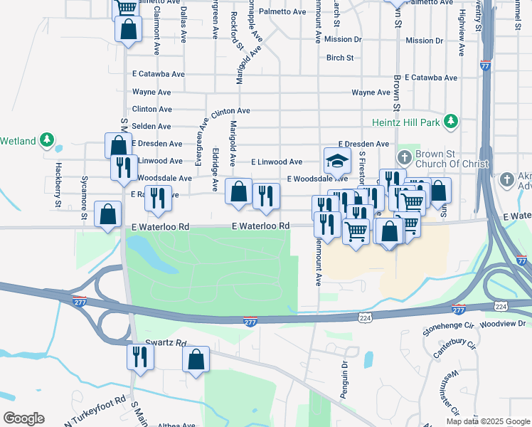 map of restaurants, bars, coffee shops, grocery stores, and more near 228 East Boxwood Avenue in Akron
