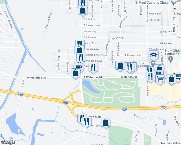 map of restaurants, bars, coffee shops, grocery stores, and more near 2013 Wilmich Drive in Akron