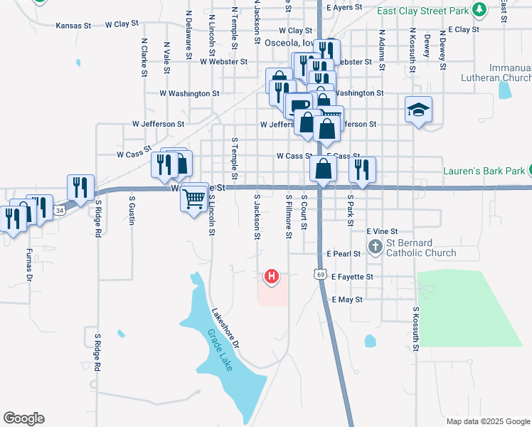 map of restaurants, bars, coffee shops, grocery stores, and more near 503 South Jackson Street in Osceola