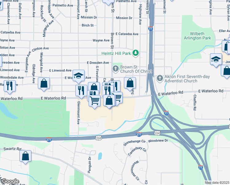 map of restaurants, bars, coffee shops, grocery stores, and more near 1913 Brown Street in Akron