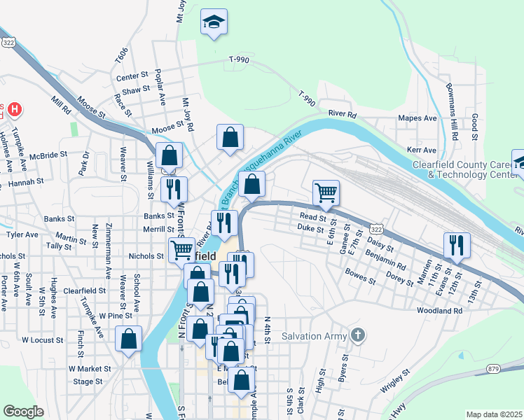 map of restaurants, bars, coffee shops, grocery stores, and more near 316 Daisy Street in Clearfield