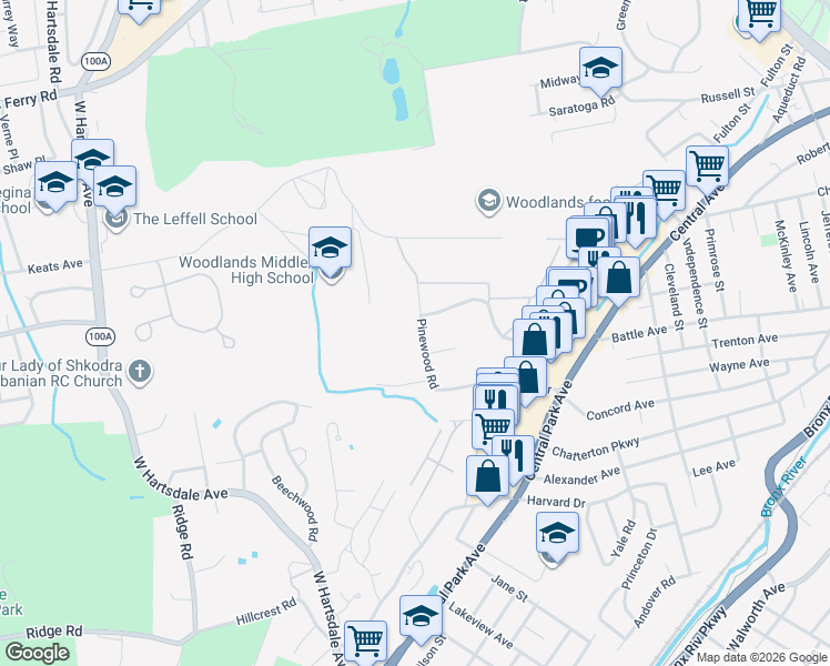 map of restaurants, bars, coffee shops, grocery stores, and more near 185 Pinewood Road in Hartsdale
