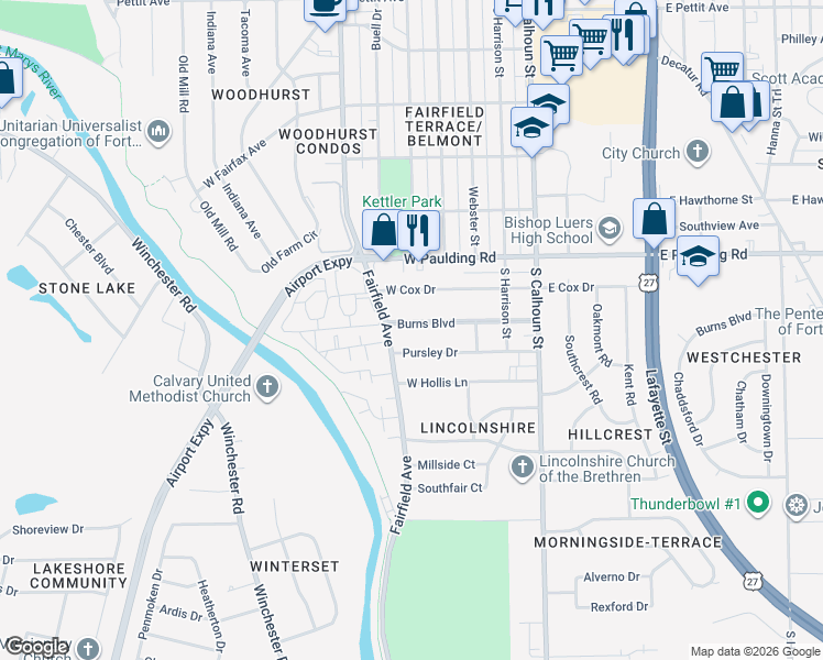 map of restaurants, bars, coffee shops, grocery stores, and more near 401 Burns Boulevard in Fort Wayne