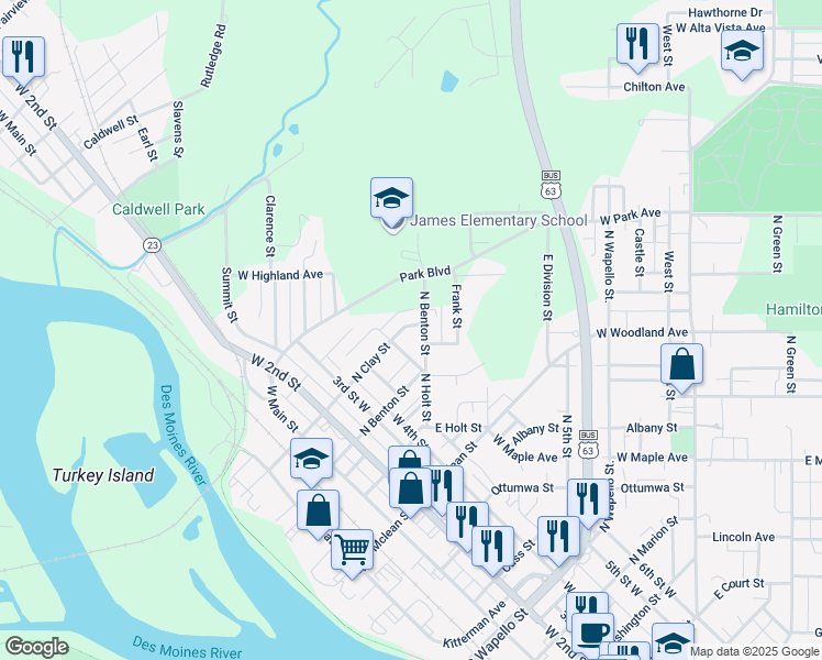 map of restaurants, bars, coffee shops, grocery stores, and more near 501-599 North Benton Street in Ottumwa