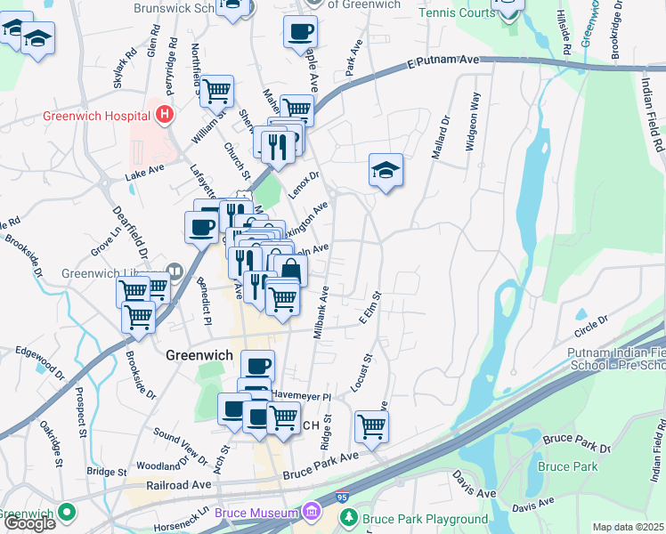map of restaurants, bars, coffee shops, grocery stores, and more near 151 Milbank Avenue in Greenwich