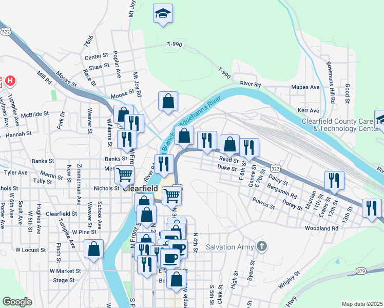 map of restaurants, bars, coffee shops, grocery stores, and more near 316 Daisy Street in Clearfield