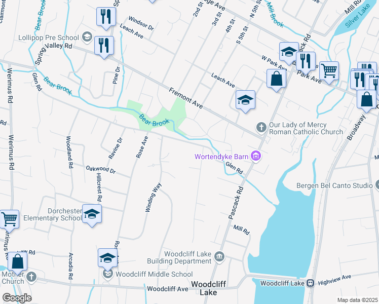 map of restaurants, bars, coffee shops, grocery stores, and more near 55 Glen Road in Woodcliff Lake