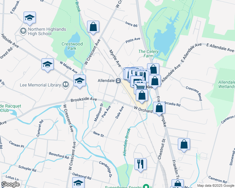 map of restaurants, bars, coffee shops, grocery stores, and more near 81 Park Avenue in Allendale