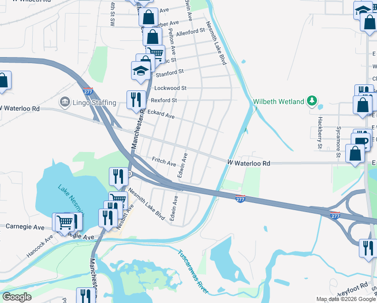 map of restaurants, bars, coffee shops, grocery stores, and more near 432 West Waterloo Road in Akron