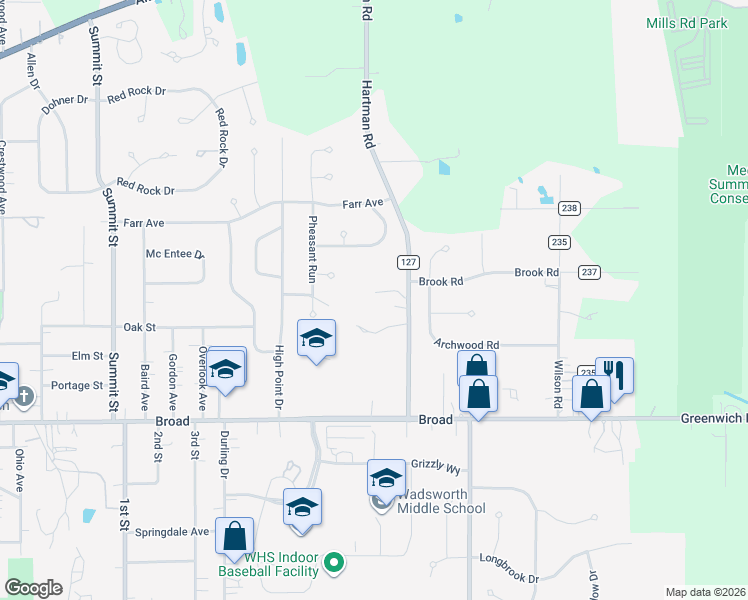 map of restaurants, bars, coffee shops, grocery stores, and more near 250 Hartman Rd in Wadsworth