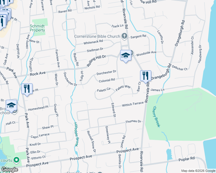 map of restaurants, bars, coffee shops, grocery stores, and more near 375 Faletti Circle in River Vale