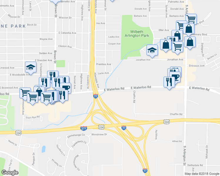 map of restaurants, bars, coffee shops, grocery stores, and more near 1844 Brewster Creek Road in Akron