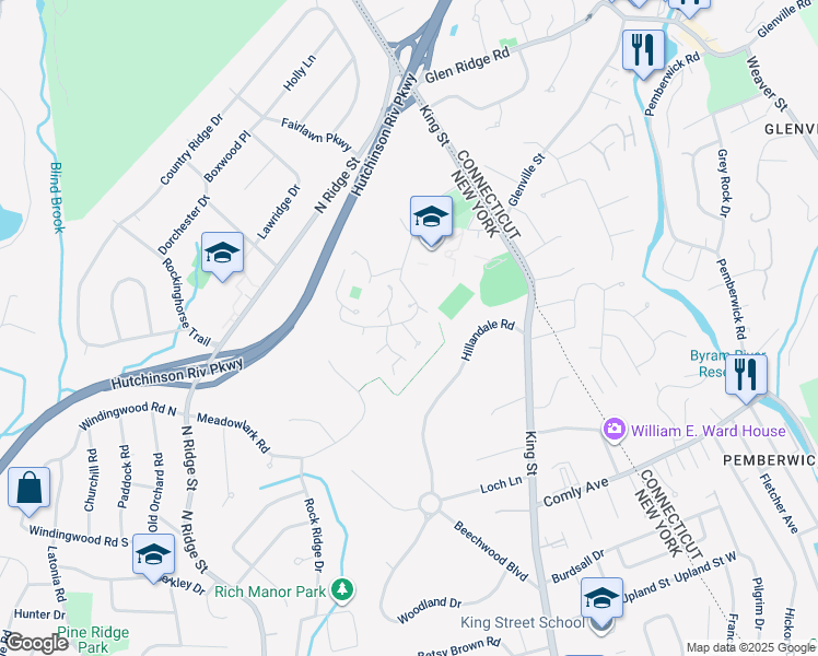 map of restaurants, bars, coffee shops, grocery stores, and more near 11 Bayberry Lane in Rye Brook